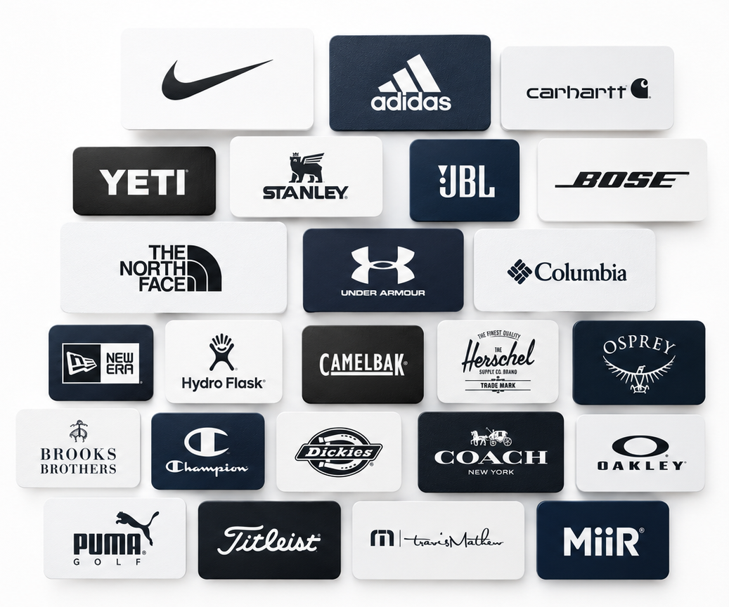 Brand name promotional products including Nike, adidas, Carhartt, YETI, Stanley, JBL, Bose, The North Face, Under Armour, Columbia, and more