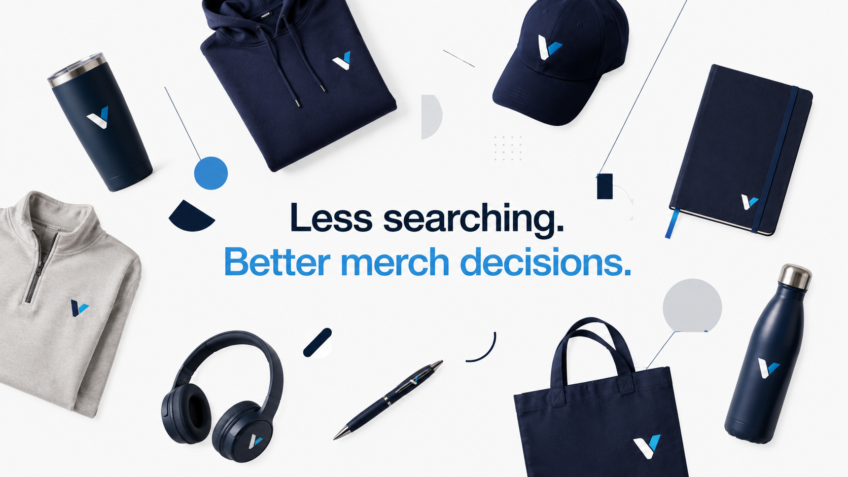 Less searching. Better merch decisions. — assorted Virtue-branded merch: hoodie, cap, tumbler, notebook, water bottle, tote, headphones, and pen.