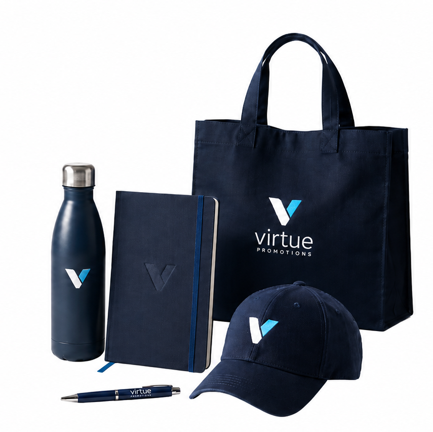 Custom branded merchandise including water bottles, notebooks, tote bags, caps, and pens